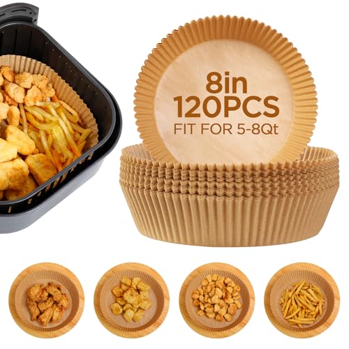 Romon Backpapier für Heißluftfritteuse, 120 Stück Airfryer Backpapier 20X20cm HeißLuftfritteuse Backpapier Rund Air Fryer Baking Paper Wasserdicht Ölfest Pergamentpapier für Ofen Mikrowelle von Romon