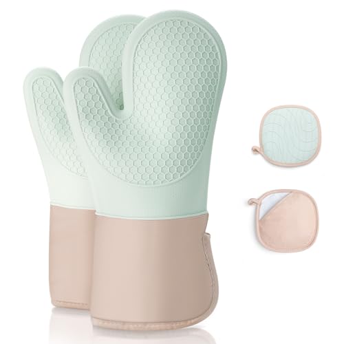 Romon Ofenhandschuhe, Topfhandschuhe Topflappen mit Silikon Handschuh Backofen 4er Set, Hitzebestaendig 300° und Extra Lang Waschbare, Backhandschuhe Kochhandschuhe zum Kochen Backen Grillen, Grün von Romon