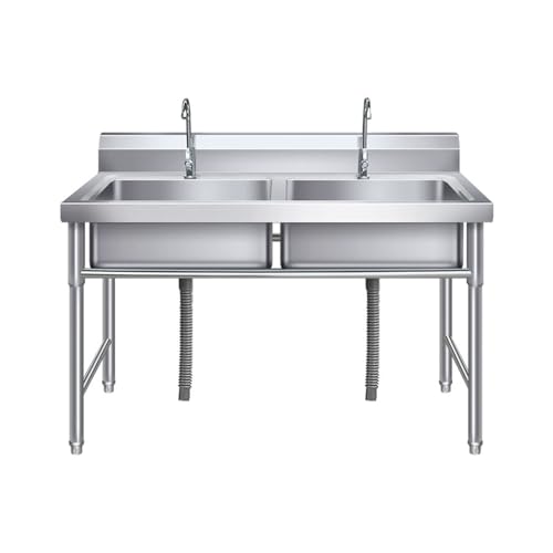 Edelstahl-Spülbecken mit 2 Fächern, freistehendes Edelstahl-Waschbecken mit Ablauf-Set und Wasserhahn, kommerzielle Restaurantspüle für Hotel, Küche, Waschküche, Keller, Garage von Romyqpipy