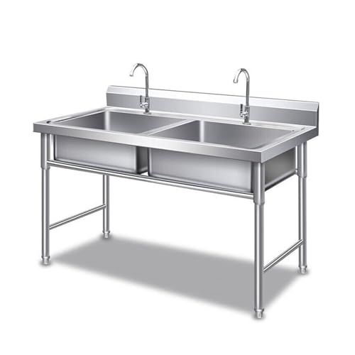 Moderne freistehende Edelstahlspüle mit Kaltwasserhahn, Doppelbecken Küche Außenspülen, für Restaurant, Garten, Garage, Wäscherei, Camping, einfache Installation von Romyqpipy