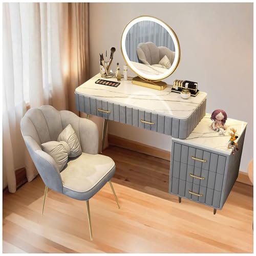 Romyqpipy Moderne Frisierkommode mit Led-Spiegel, Schminktisch mit Hocker Und 5 Schubladen, Vanity mit Mobilem BeistellmöBel, Einfach Zu Montieren, Frisierkommode für Schlafzimmer, Wohnzimmer von Romyqpipy