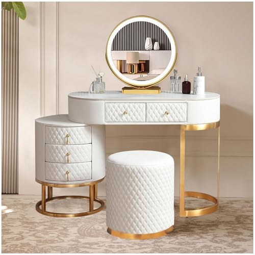 Romyqpipy Moderne Kosmetiktisch mit Led-Spiegel, 3 Lichtmodi, Schminktisch mit Massivholzschubladen Und Hocker, 1 Seitenregal, Flexibler Aufbau, Geeignet für Schlafzimmer, Schminkzimmer, Wohnzimmer von Romyqpipy