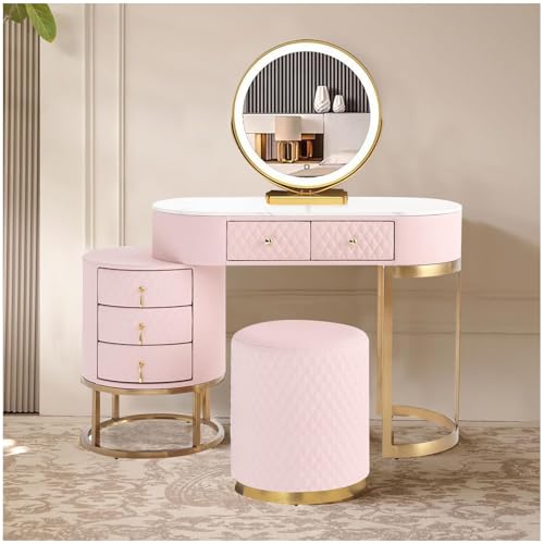 Romyqpipy Moderne Kosmetiktisch mit Led-Spiegel, 3 Lichtmodi, Schminktisch mit Massivholzschubladen Und Hocker, 1 Seitenregal, Flexibler Aufbau, Geeignet für Schlafzimmer, Schminkzimmer, Wohnzimmer von Romyqpipy