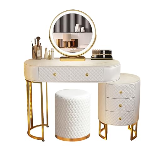 Romyqpipy Modernes Schminktisch-Set mit Led-Spiegel Und Hocker, Frisiertisch mit 5 GeräUmige Schubladen, 1 Seitlich Verstellbarer Schrank, Flexible Montage, Toiletten-Tisch für Das Schlafzimmer Romyqpipy Modernes Schminktisch-Set mit Led-Spiegel Und Hocker, Frisiertisch mit 5 GeräUmige Schubladen, 1 Seitlich Verstellbarer Schrank, Flexible Montage, Toiletten-Tisch für Das Schlafzimmer von Romyqpipy
