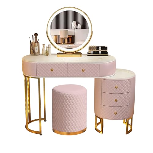 Romyqpipy Modernes Schminktisch-Set mit Led-Spiegel Und Hocker, Frisiertisch mit 5 GeräUmige Schubladen, 1 Seitlich Verstellbarer Schrank, Flexible Montage, Toiletten-Tisch für Das Schlafzimmer Romyqpipy Modernes Schminktisch-Set mit Led-Spiegel Und Hocker, Frisiertisch mit 5 GeräUmige Schubladen, 1 Seitlich Verstellbarer Schrank, Flexible Montage, Toiletten-Tisch für Das Schlafzimmer von Romyqpipy