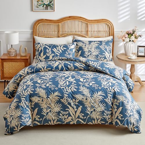 RongRongIN Bettwäsche Set 200 x 200 cm Pflanze Serie mit Reißverschluss – Blau Blätter, Bettbezug 200x200cm und 2 Kissenbezüge 80x80cm, Weich Bequem Wendebettwäsche Bettwaren von RongRongIN