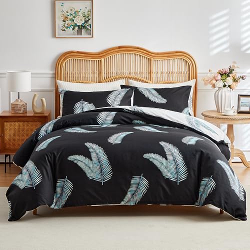 RongRongIN Bettwäsche Set 200 x 200 cm Pflanze Serie mit Reißverschluss – Schwarz Weiß Blatt, Bettbezug 200x200cm und 2 Kissenbezüge 80x80cm, Weich Bequem Wendebettwäsche Bettwaren von RongRongIN