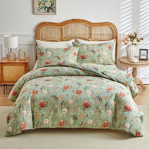 RongRongIN Bettwäsche Set 200 x 220 cm Pflanze Serie mit Reißverschluss – Vinatge Farbig Blume Muster Grün Bettbezug 200x220cm und 2 Kissenbezüge 80x80cm, Weich Bequem Wendebettwäsche Bettwaren von RongRongIN