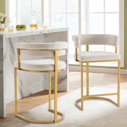 Rongbuk Set mit 2 modernen Barhockern aus Samt mit Fasslehne, gepolstertem Sitz und goldfarbener Metall-Fußstütze, 65 cm Sitzhöhe, ideal für Theken, Hausbars und Kücheninseln, Beige Rongbuk Set mit 2 modernen Barhockern aus Samt mit Fasslehne, gepolstertem Sitz und goldfarbener Metall-Fußstütze, 65 cm Sitzhöhe, ideal für Theken, Hausbars und Kücheninseln, Beige von Rongbuk