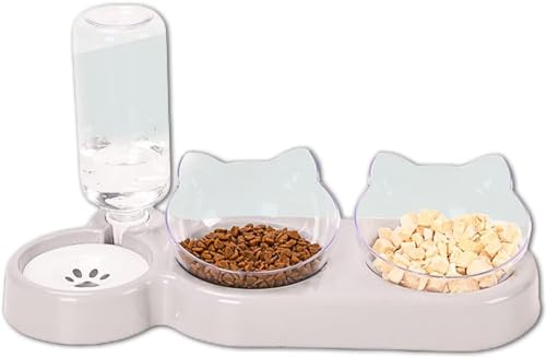 Rongchenghao 3 in 1 Katzen Wassernapf Set, mit Ständer Katzennapf, Doppelköpfiger Katzennapf mit Wasserspender, geeignet für Haustiere, kleine Hunde, und Katzenfutterspender von Rongchenghao