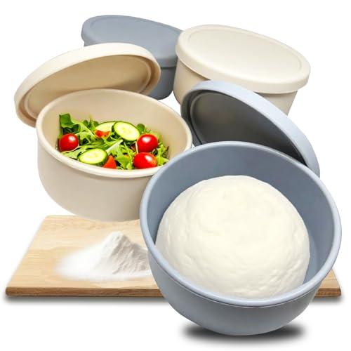 Rongrongago 4 Stück Pizzaballenbox, Pizzateig Box Mit Einem Fassungsvermögen Von 350 G Teig, Pizzateig Box Mit Deckel in Beige Und Blaugrau von Rongrongago