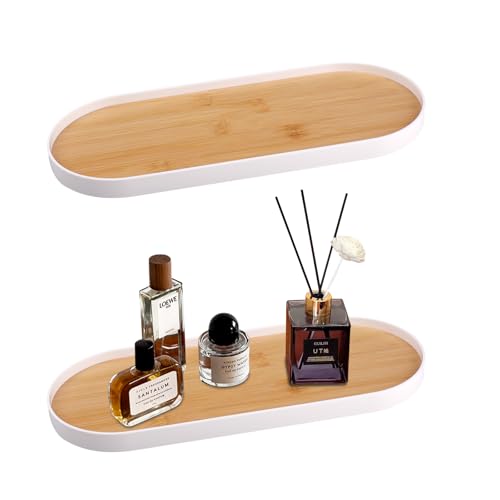 Rongxze 2 Stück Deko Tablett Holz, Groß 30 x 12cm Kosmetiktablett Oval, Tablett Badezimmer für Kosmetika, Schmuck, Parfüme, Kerzen und Desserts Kaffeetablett (Weiß) von Rongxze