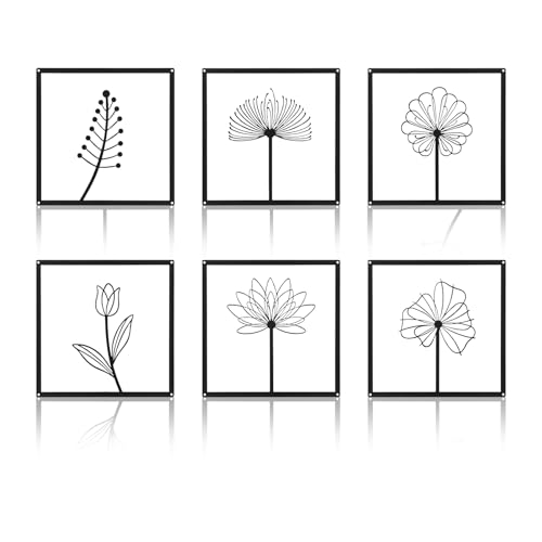 Rongxze 6 Stück Metall Wanddeko,Schwarze Eisenblumen - und Blattkunst (25×25cm) Quadratrahmen wanddeko für Wohnzimmer, Schlafzimmer, Büro, drinnen und draußen von Rongxze