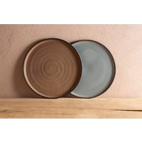 2Er Set Keramik Teller, Großer Speiseteller Oder Salatteller Set, Geschirr Teller - Schwarz/Türkis Mokkabraun von RonitYamPottery