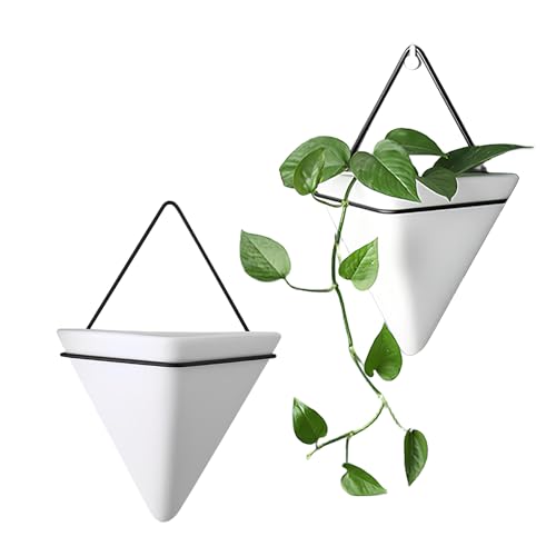 2PCS Hängender Blumentopf, Blumentopf Wanddeko, Wandvase Keramik Weiß, Wandpflanzgefäß mit DREI Ecken, Hängende Pflanzgefäße aus Keramik, Dreieckiger Wandpflanzer, Geometrische Wandpflanzgefäße von Hachera