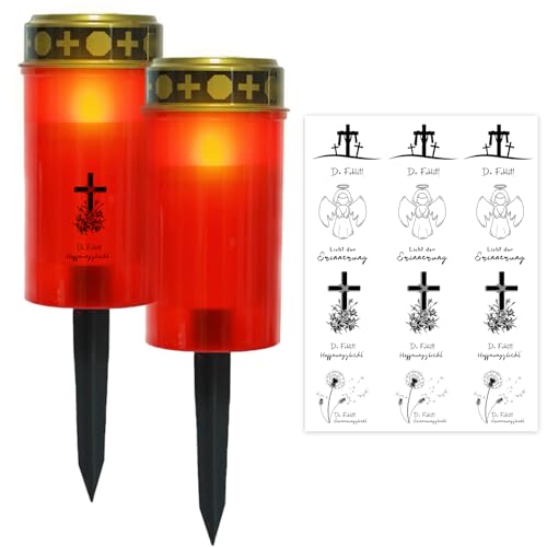 Ronoza 2 Stück LED Grablicht Rot mit Erdspieß, Grabkerzen Led, Grablaterne Friedhof Wetterfest, Grableuchte mit Kerzentattoos, LED Taufkerze, Led Grablichter für Draußen, Batterien nicht Inbegriffen von Ronoza