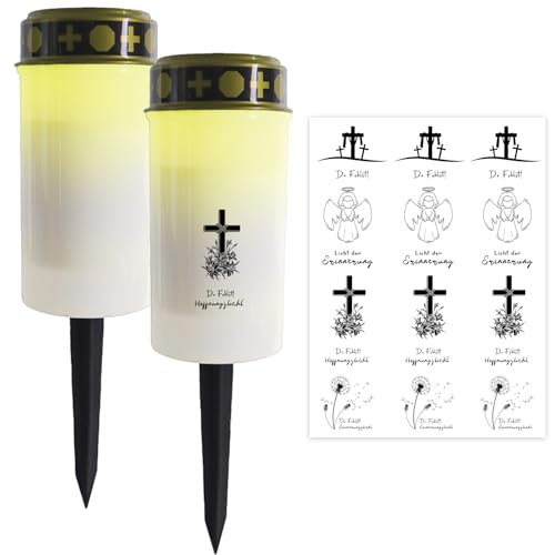 Ronoza 2 Stück LED Grablicht Weiß mit Erdspieß, Grabkerzen Led, Grablaterne Friedhof Wetterfest, Grableuchte mit Kerzentattoos, LED Taufkerze, Led Grablichter für Draußen, Batterien nicht Inbegriffen von Ronoza