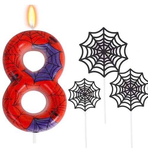 Ronoza Geburtstagskerzen Zahlen 8 (Spidey Deko), Kerzen Geburtstag, Grüne Geburtstagskerze, spidey 8, Geburtstagskerzen für Torte, Kerze 8, Kerzen Zahlen (mit Tortendeko Spinnennetz Set) von Ronoza