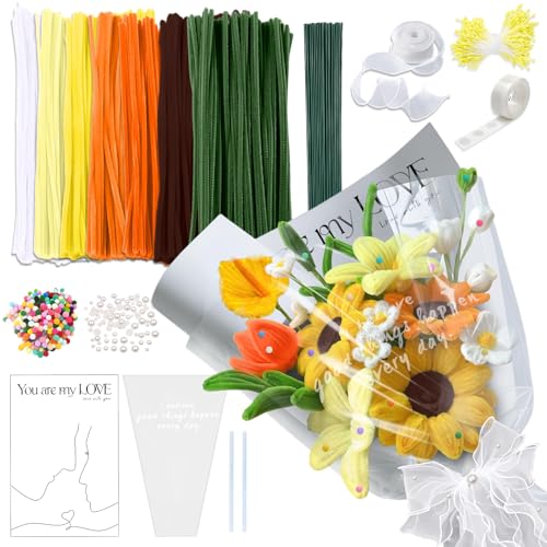 Ronronner 622 Stück Pfeifenputzer Zum Basteln, Pfeifenreiniger Blumen Set DIY mit 7 Farben, Pfeifenreiniger Bunt, Pipe Cleaner Flower Set, Pipecleaner mit Blumendraht DIY Schleifenbänder (Gelb) von Ronronner
