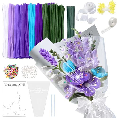 Ronronner 622 Stück Pfeifenputzer Zum Basteln, Pfeifenreiniger Blumen Set DIY mit 7 Farben, Pfeifenreiniger Bunt, Pipe Cleaner Flower Set, Pipecleaner mit Blumendraht DIY Schleifenbänder (Lila) von Ronronner