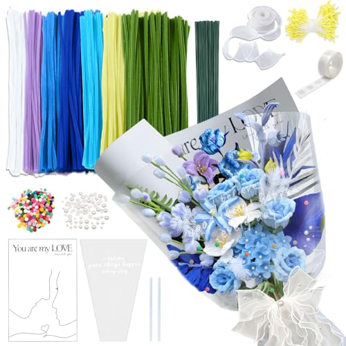Ronronner Pfeifenputzer Zum Basteln (350 Stück), Pfeifenreiniger Blumen Set DIY mit 7 Farben, Pfeifenreiniger Bunt, Pipe Cleaner Flower Set, Pipecleaner mit Blumendraht DIY Schleifenbänder (Blau) von Ronronner