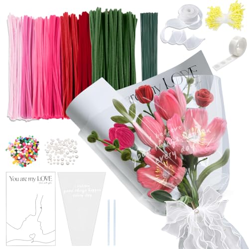 Ronronner Pfeifenputzer Zum Basteln (350 Stück), Pfeifenreiniger Blumen Set DIY mit 7 Farben, Pfeifenreiniger Bunt, Pipe Cleaner Flower Set, Pipecleaner mit Blumendraht DIY Schleifenbänder (Rosa) von Ronronner