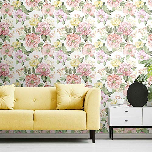 RoomMates RMK11446RL Tapete, zum Abziehen und Aufkleben, Aquarell-Blumenstrauß, Pink und Gelb von RoomMates