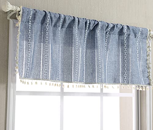 RoomTalks Boho-Küchenvolant für Fenster, bestickt, französische Streifen, Landhaus-Stil, Vintage, Chic, Baumwollleinen, Quasten-Vorhang, Bohemian-Dekor (45.7 cm L x 132.9 cm B, blau) von RoomTalks