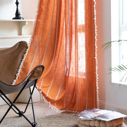 RoomTalks Orange Boho Bauernhaus Vorhänge für Schlafzimmer Wohnzimmer 213 cm Länge Französisch Land Herbst Niedlich Strukturierte Fenstervorhang Paneele Streifen Bohemian Chic Quaste Vorhänge, 213 cm von RoomTalks