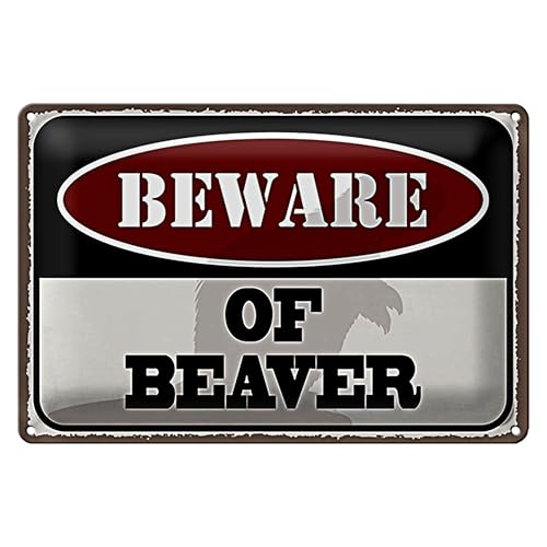 Blechschild 'Beware of Beaver' | Lustiges Warnschild im Retro-Stil für Haus & Garten | 20 cm x 30 cm von Roomando
