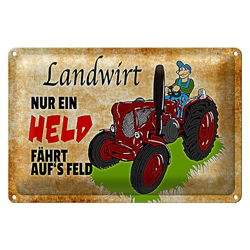 Blechschild 'Landwirt - Nur ein Held fährt auf's Feld' | Retro Traktor Motiv für Bauern und Landwirte | 40 cm x 30 cm von Roomando