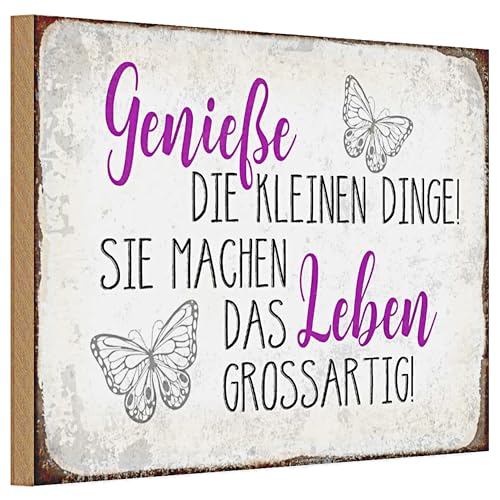 Dekoratives Holzschild 'Genieße die kleinen Dinge' | Inspirierendes Zitat mit Schmetterlingen | Perfekt für Zuhause und Büro | 20 cm x 30 cm von Roomando
