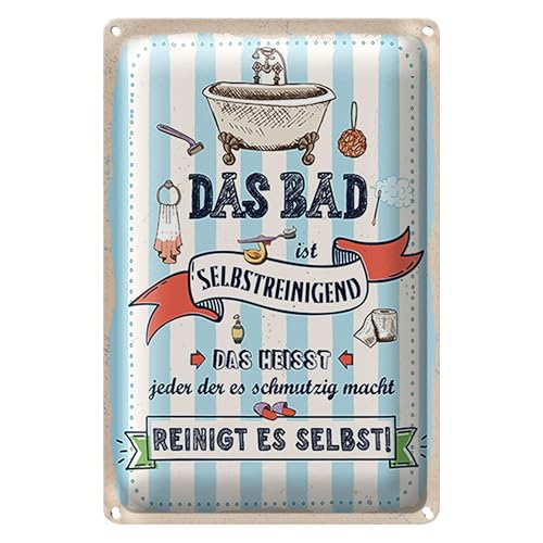 Lustiges Blechschild | Das Bad ist selbstreinigend | Retro-Stil | 12 cm x 18 cm von Roomando