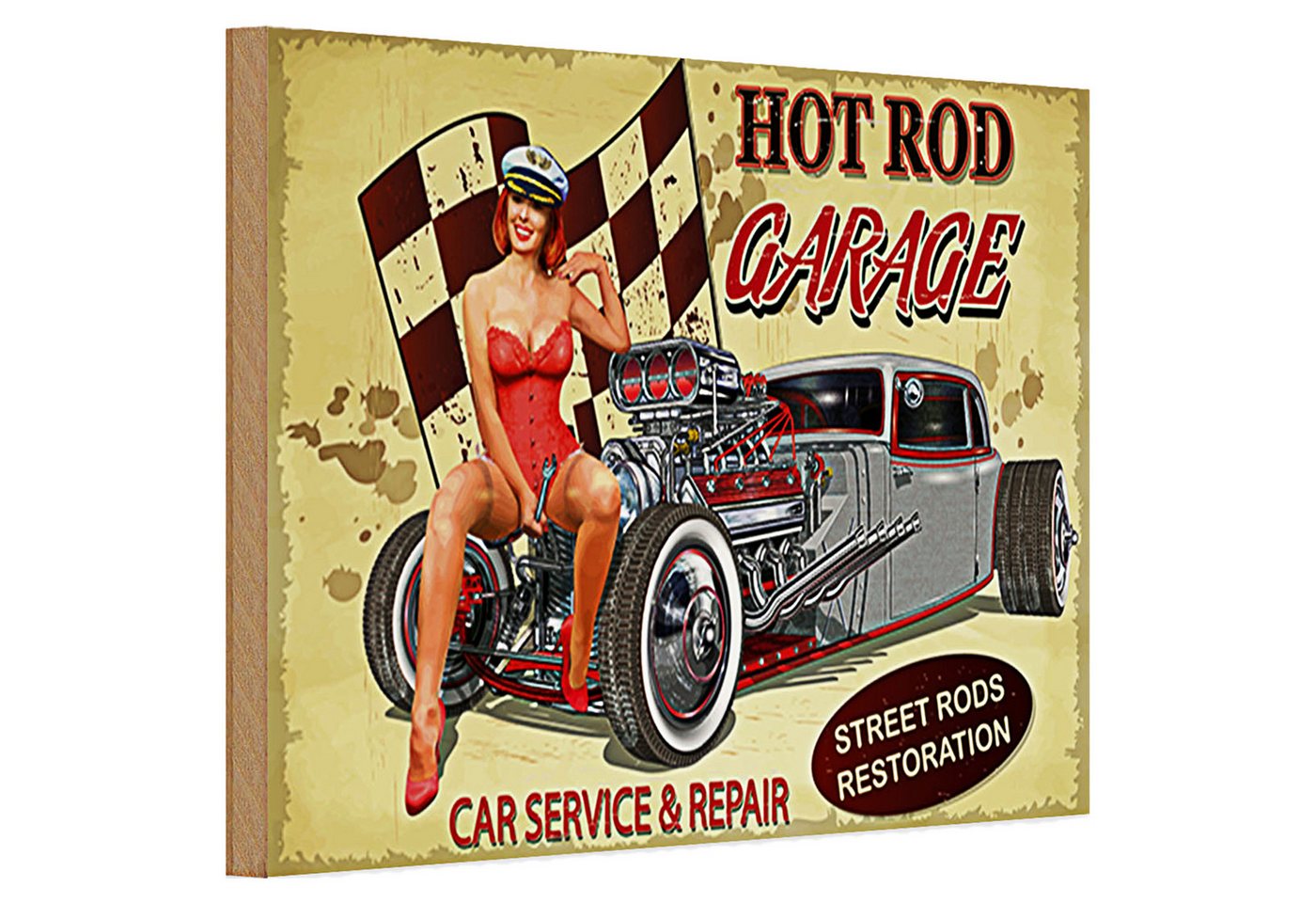 Roomando Holzbild Holzschild Pinup 30x20cm Retro Hot Rod Garage Service Roomando Holzbild Holzschild Pinup 30x20cm Retro Hot Rod Garage Service von Roomando