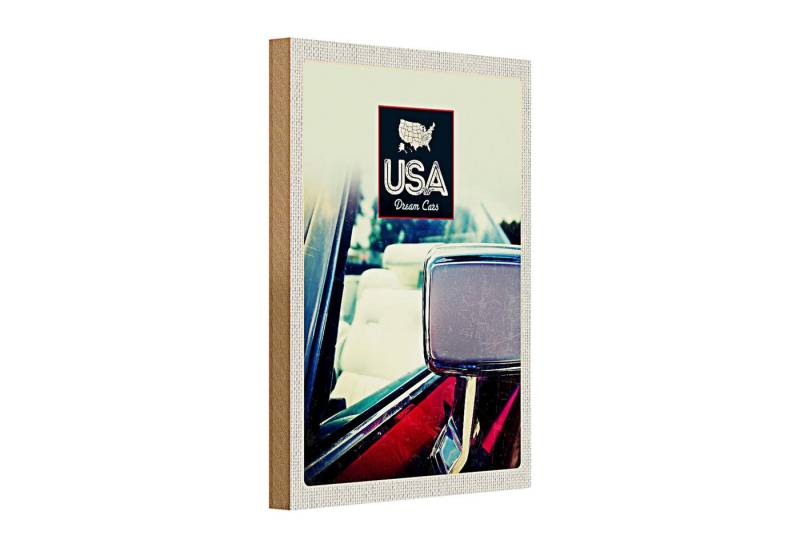 Roomando Holzbild Holzschild Reise 20x30cm Amerika Fahrzeug Spiegel rot Gemälde von Roomando