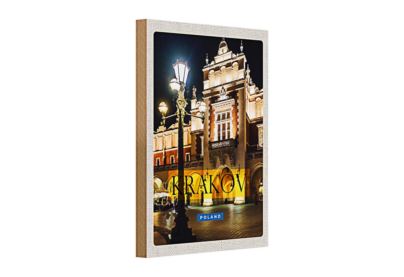 Roomando Holzbild Holzschild Reise 20x30cm Krakow Polen Stadt bei Nacht Laterne von Roomando