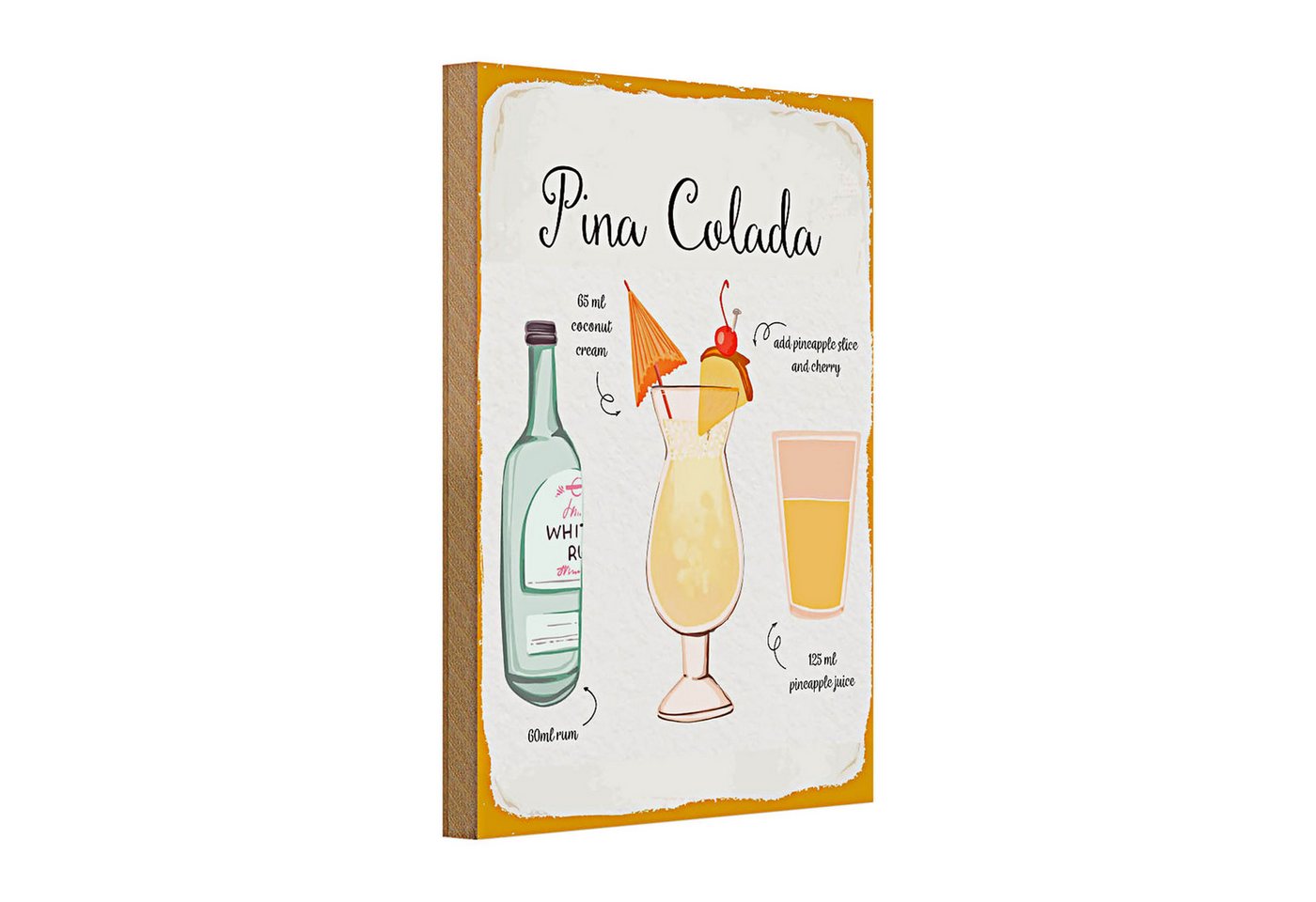 Roomando Holzbild Holzschild Rezept Pina Colada Cocktail Recipe 20x30cm weißes Schild von Roomando