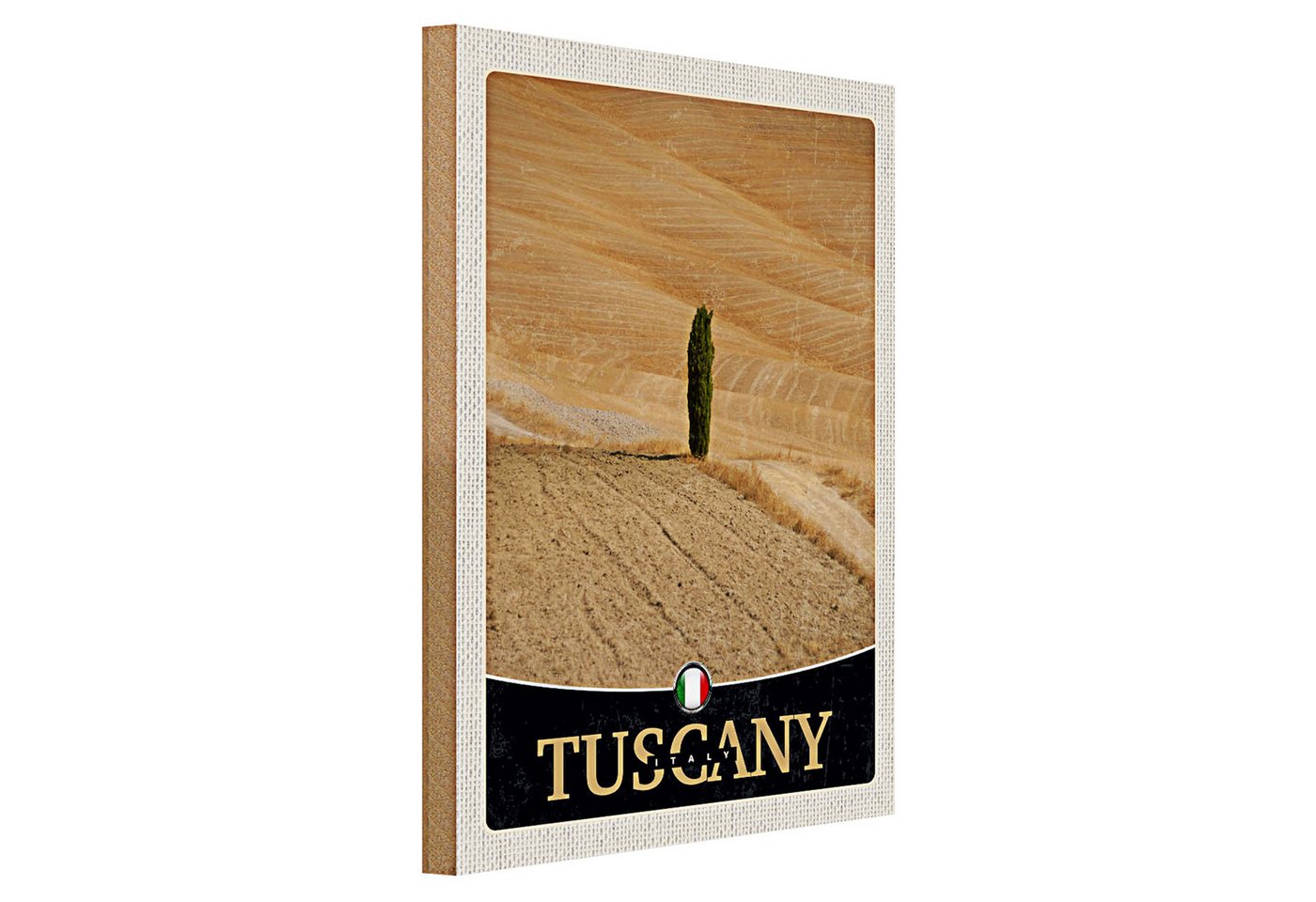 Roomando Holzbild Reise 30x40cm Toskana Italien Wüste Baum Sand Schild von Roomando