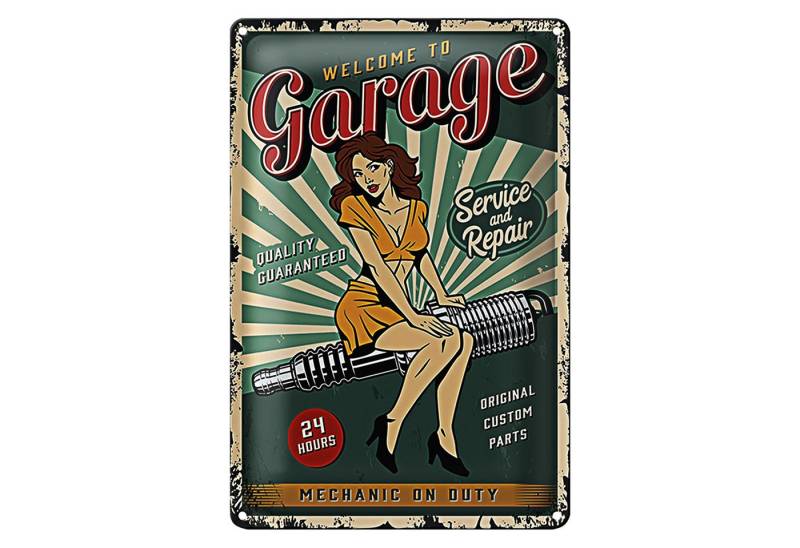 Roomando Metallschild Retro 12x18cm Pinup welcome Garage 24 service von Roomando