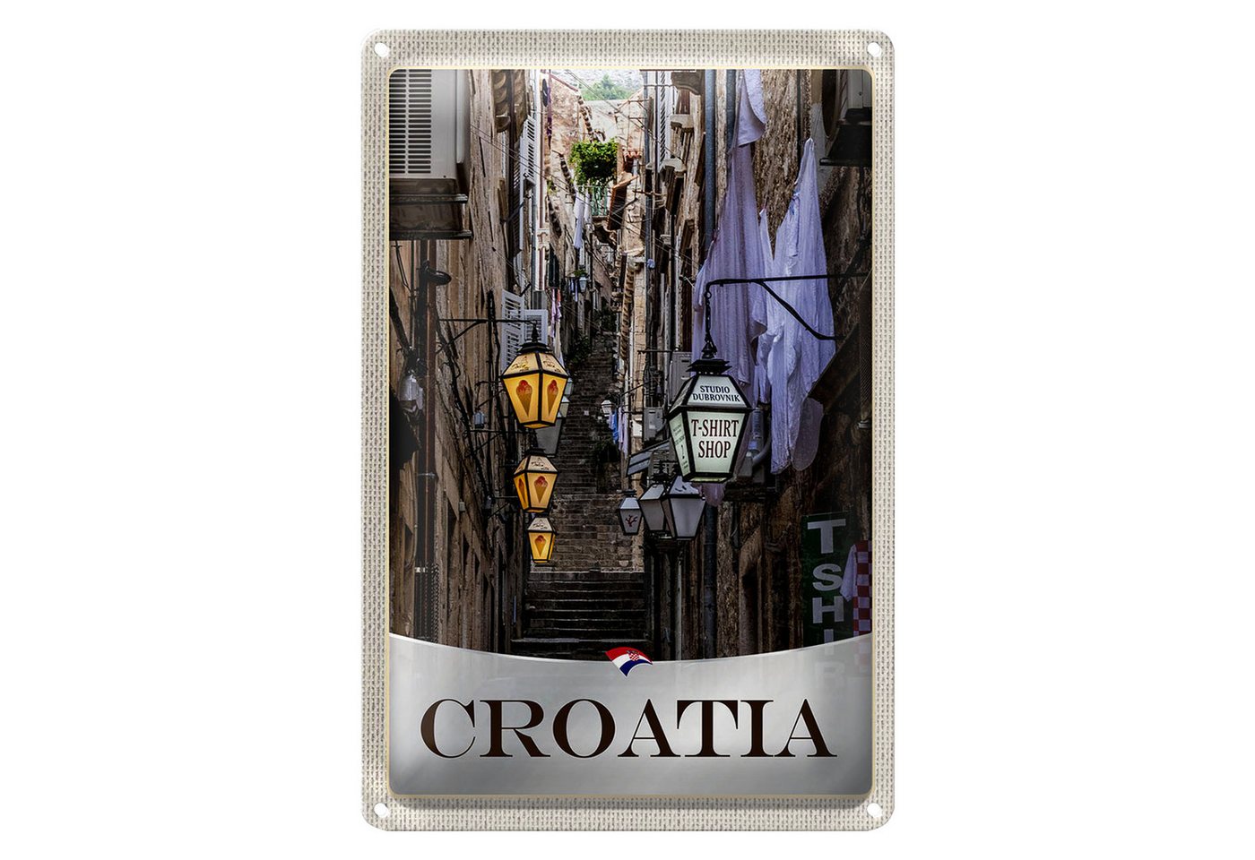Roomando Metallschild Reise 12x18cm Kroatien Altstadt Treppen Laterne von Roomando
