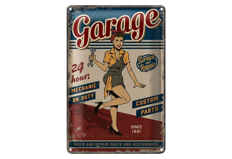 Roomando Metallschild Retro 12x18cm Pinup Garage 24hours repair Auto von Roomando