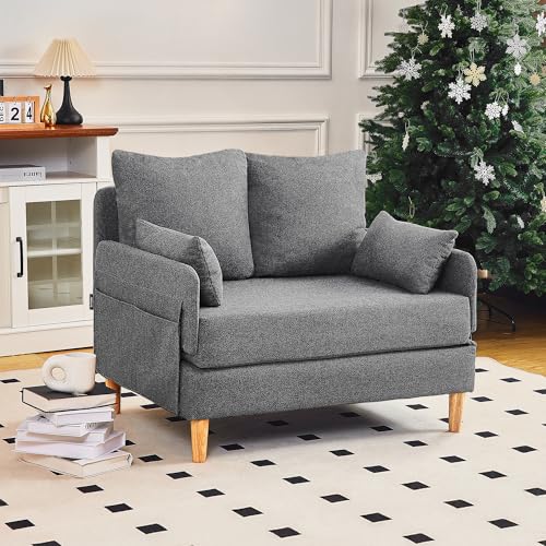 Roomark Convertible Sofabett,Leinen Stoff Schlafsofa Couch,2-Sitzer Schlafsofa Ausziehbett mit 4 Kissen,Klappsofa mit Schlaffunktion für kleinen Raum (Grau) von Roomark