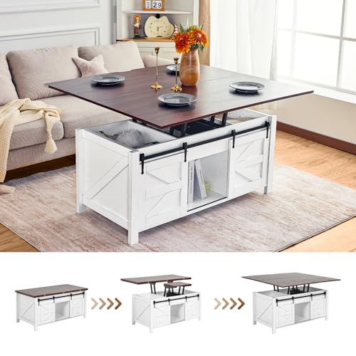 Roomark Couchtisch Höhenverstellbar und Aufklappbar mit Stauraum - Landhausstil Wohnzimmertisch (120x110 cm) von Roomark
