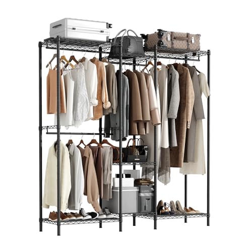 Roomark Kleiderständer, Kleiderstange mit 4 Hängefächer, Freistehend Kleiderschrank mit 7 Einlegeböden, 240KG Belastung Garderobe & Garderobenständer für Schlafzimmer, 196x170x36 CM (Schwarz) von Roomark