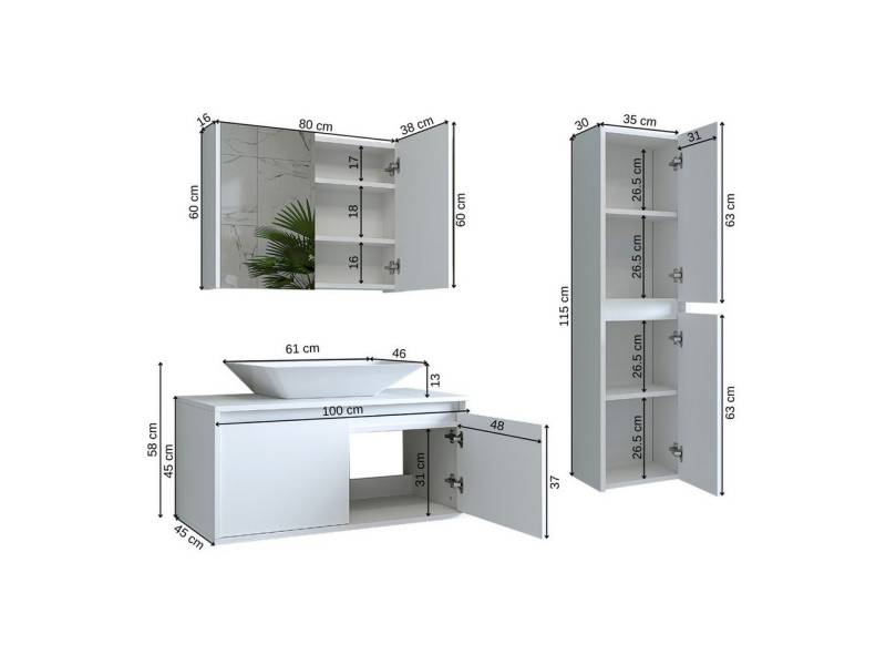 Roomart Badmöbel-Set, (Badmöbel Set 100 cm Waschbeckenunterschrank Spiegelscrank Hochschrank) von Roomart