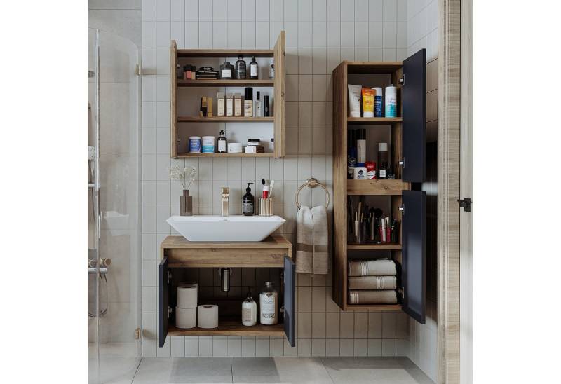 Roomart Badmöbel-Set, (Badmöbel Set 65cm Unterschrank Waschbecken Spiegelscrank Hochschrank) von Roomart