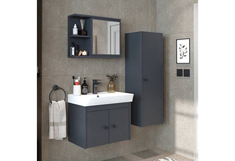 Roomart Badmöbel-Set ADA, (Komplett-Set, • Unterschrank • Waschbecken • Spiegelschrank • Seitenschrank), •Weiß •Weiß-Eiche •Eiche •Anthrazit-Eiche •Schwarz •Anthrazit von Roomart