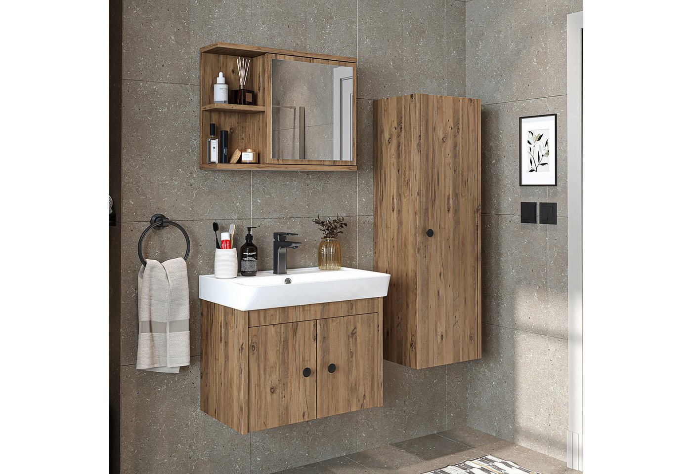 Roomart Badmöbel-Set ADA, (Komplett-Set, • Unterschrank • Waschbecken • Spiegelschrank • Seitenschrank), •Weiß •Weiß-Eiche •Eiche •Anthrazit-Eiche •Schwarz •Anthrazit von Roomart
