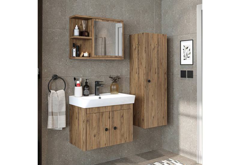 Roomart Badmöbel-Set ADA, (Komplett-Set, • Unterschrank • Waschbecken • Spiegelschrank • Seitenschrank), •Weiß •Weiß-Eiche •Eiche •Anthrazit-Eiche •Schwarz •Anthrazit von Roomart