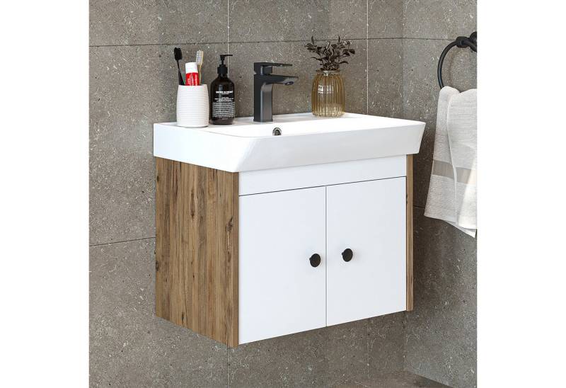 Roomart Badmöbel-Set ADA, (Komplett-Set, • Unterschrank • Waschbecken • Spiegelschrank • Seitenschrank), •Weiß •Weiß-Eiche •Eiche •Anthrazit-Eiche •Schwarz •Anthrazit von Roomart